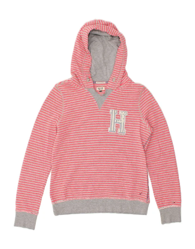 TOMMY HILFIGER Womens Graphic Hoodie Jumper UK 14 Medium Pink Striped Hoodie Sweatshirt Pullover