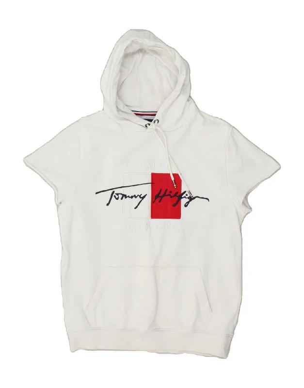 TOMMY HILFIGER Womens Graphic Short Sleeve Hoodie Jumper UK 10 Small White Hoodie with Hood Adjustable Protection