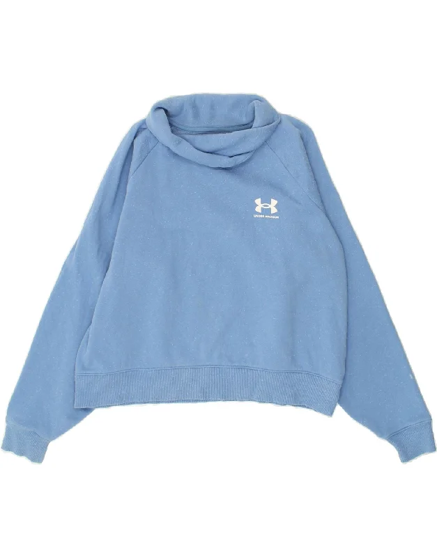 UNDER ARMOUR Womens Crop Roll Neck Sweatshirt Jumper UK 16 Large Blue Hoodie with Zipper Versatile Modern