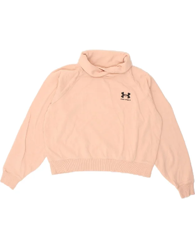 UNDER ARMOUR Womens Crop Roll Neck Sweatshirt Jumper UK 16 Large Pink Hoodie with Ribbed Hem Stretchable Secure