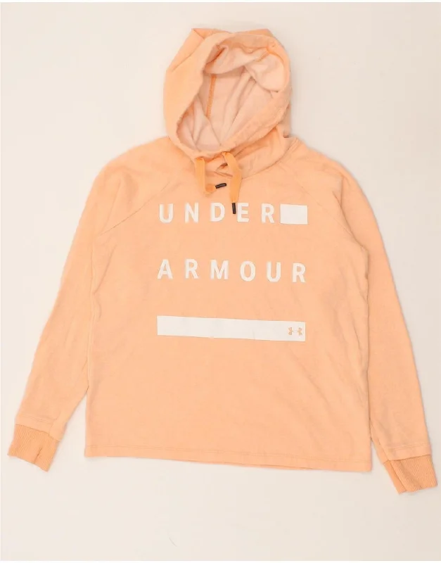 UNDER ARMOUR Womens Graphic Hoodie Jumper UK 10 Small Orange Cotton Hoodie with Strings Custom Fit Adjustable