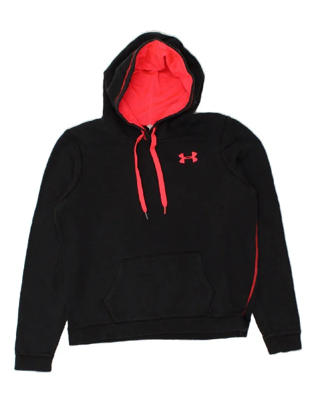 UNDER ARMOUR Womens Graphic Hoodie Jumper UK 16 Large Black Cotton Hoodie with Drawcord Adjustable Secure