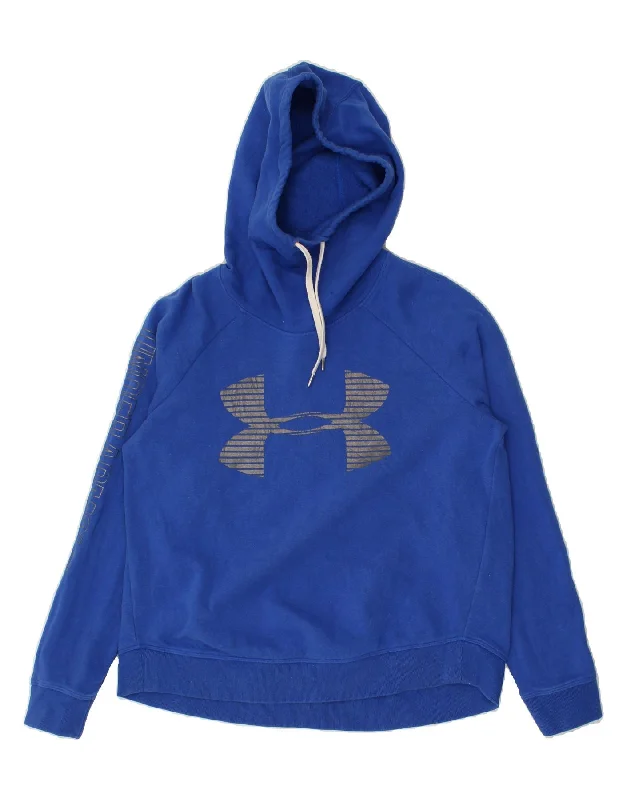 UNDER ARMOUR Womens Graphic Hoodie Jumper UK 16 Large Blue Cotton Hoodie with Hem Drawcord Adjustable Customizable