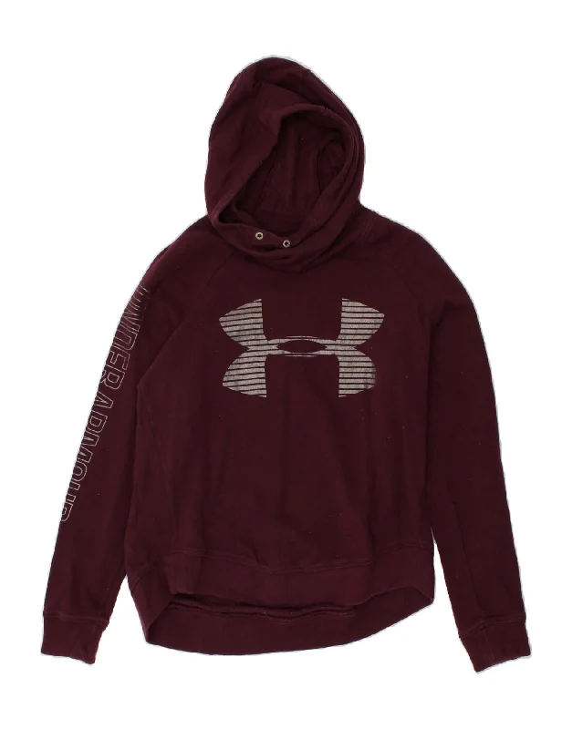 UNDER ARMOUR Womens Loose Fit Graphic Hoodie Jumper UK 10 Small Burgundy Graphic Hoodie Design Print