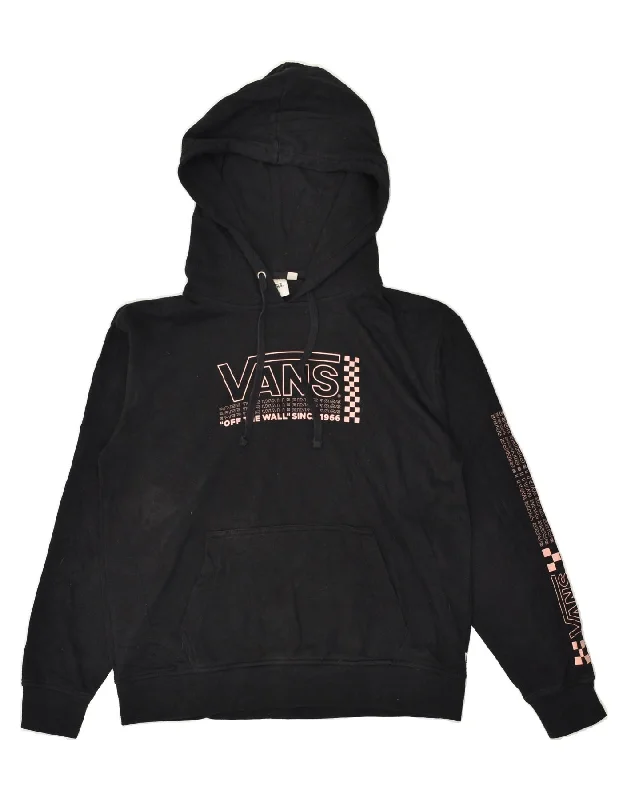 VANS Womens Graphic Hoodie Jumper UK 10 Small Black Cotton Zip Hoodie Drawstring Kangaroo Pocket