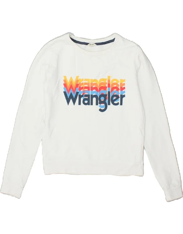 WRANGLER Womens Crop Graphic Sweatshirt Jumper UK 6 XS White Cotton Hoodie with Hem Frayed Vintage Worn