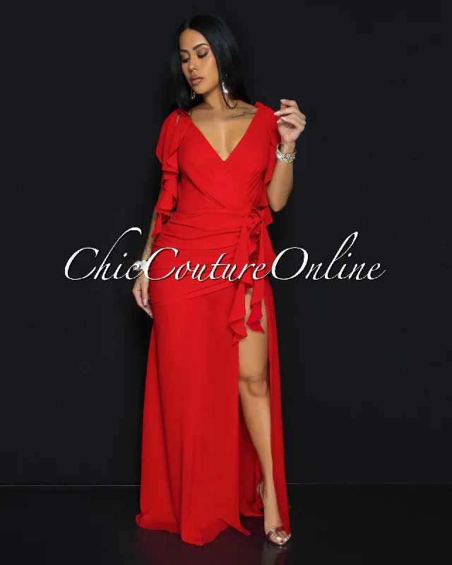 Abianka Red Ruffle Slit Maxi Dress Stylish Pleated A-Line Maxi Dress