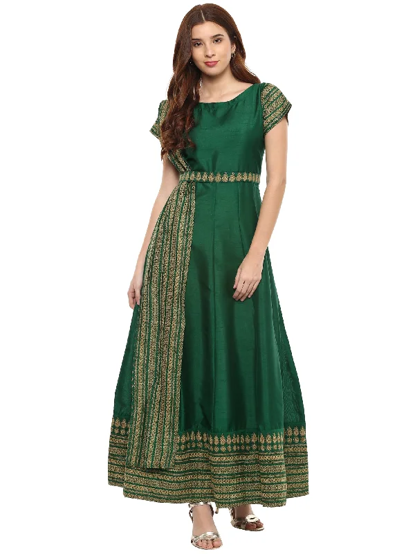 Ahalyaa Green Ethnic Motifs Printed Maxi Dress Fashionable Chiffon Tiered Maxi Dress