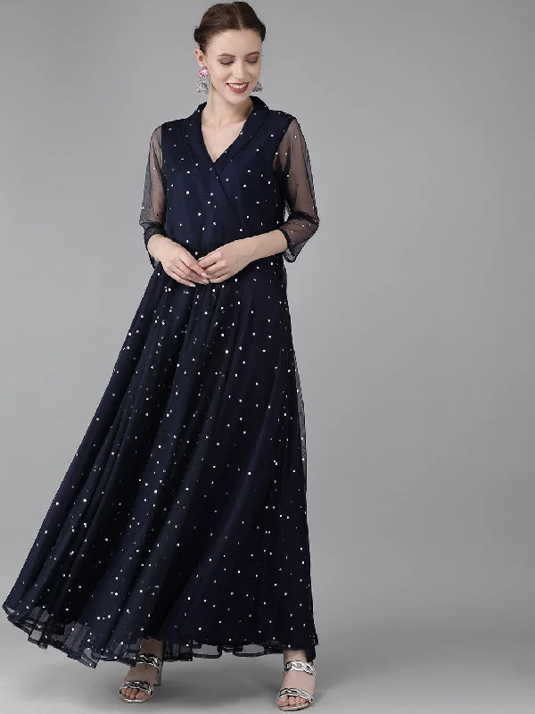 Ahalyaa Navy Blue Net & Crepe Silver Toned Polka Dots Printed Maxi Dress Fashionable Printed Maxi Dress