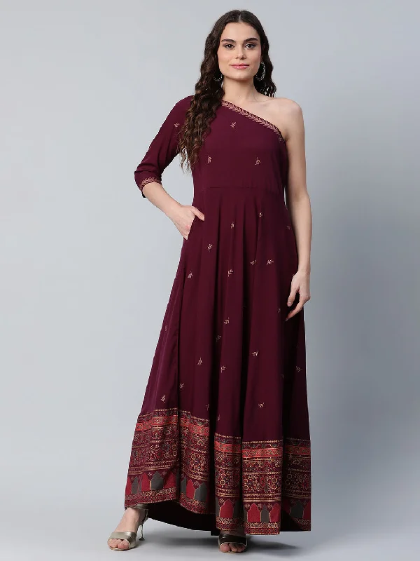 Ahalyaa Women Burgundy & Gold Toned Ethnic Motifs One Shoulder Ethnic Maxi Dress Fashionable Sheer Maxi Dress