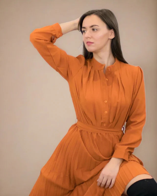 Ania Burnt Orange Maxi Dress with Pleats - Long Sleeve Dress Comfortable Plunging Neckline Maxi Dress