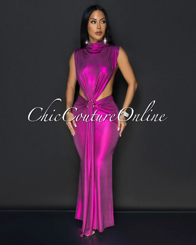 Avaline Fuchsia Shimmer Open Sides Maxi Dress Stylish Longline Maxi Dress