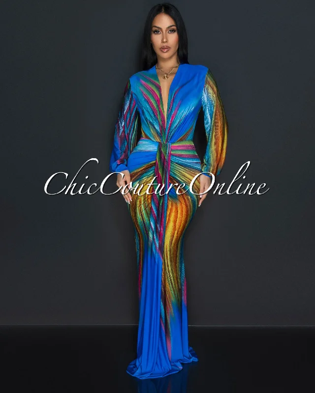 Ayana Blue Peacock Long Sleeves Deep V-Neck Maxi Dress Elegant Maxi Dress with Ruffles