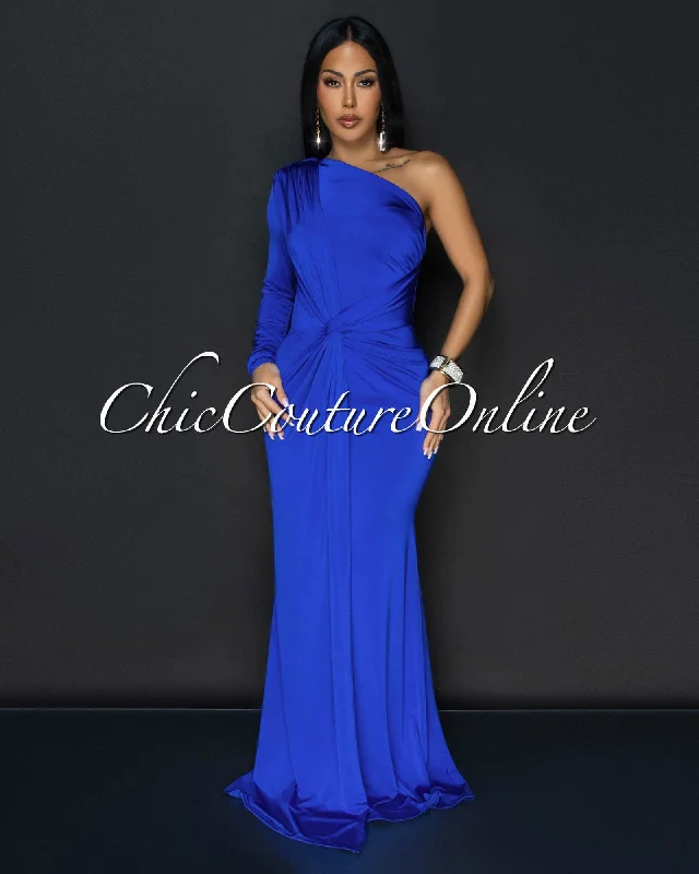 Balencia Royal-Blue Single Sleeve Knot Front Maxi Dress Trendy Maxi Dress with Belt