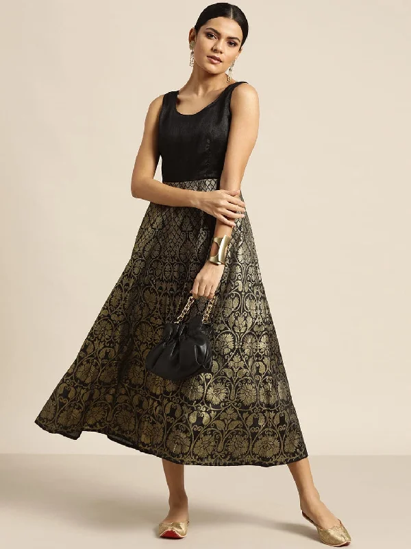 Black Foil Print Sleeveless Anarkali Maxi Dress Cozy Knit Maxi Dress