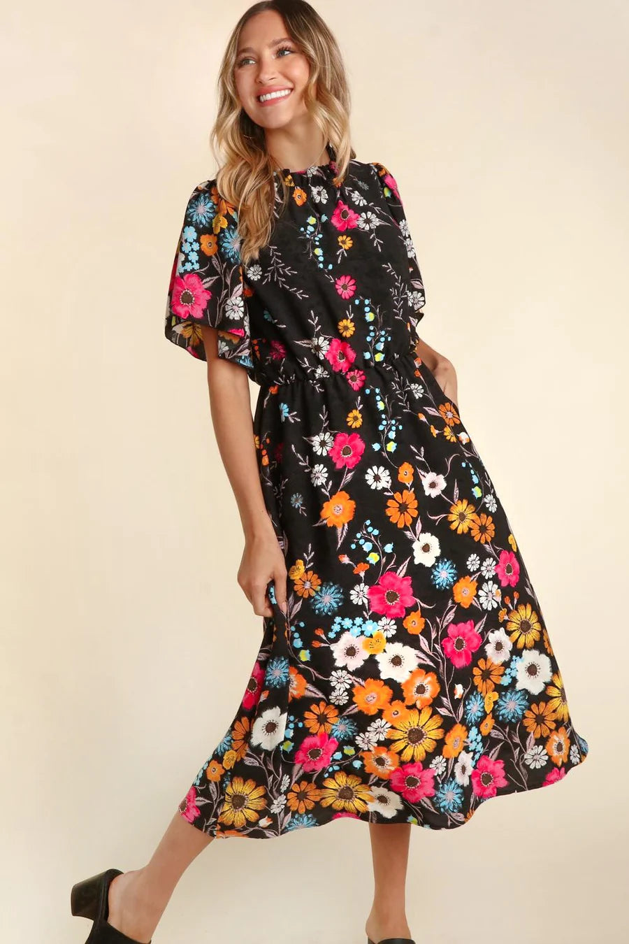 BLACK FRILLY MOCK NECK FLORAL POCKETED MIDI MAXI DRESS Cozy Wrap Maxi Dress