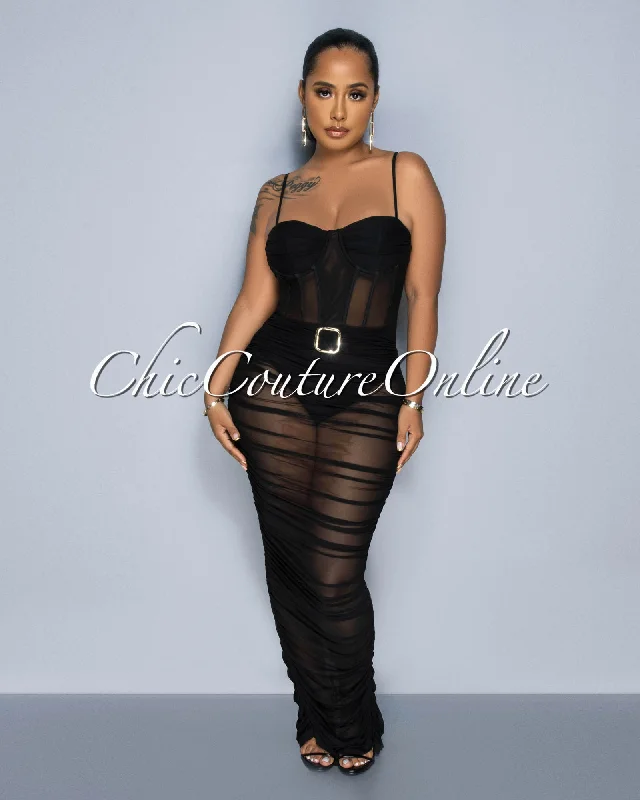 Bonaparte Black Gold Buckle Mesh Ruched Sheer Maxi Dress Fashionable Asymmetrical Maxi Dress