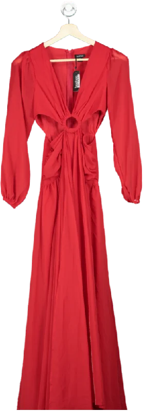 Boohoo Red Long-Sleeve Maxi Dress UK 8 Comfortable Fitted Maxi Dress