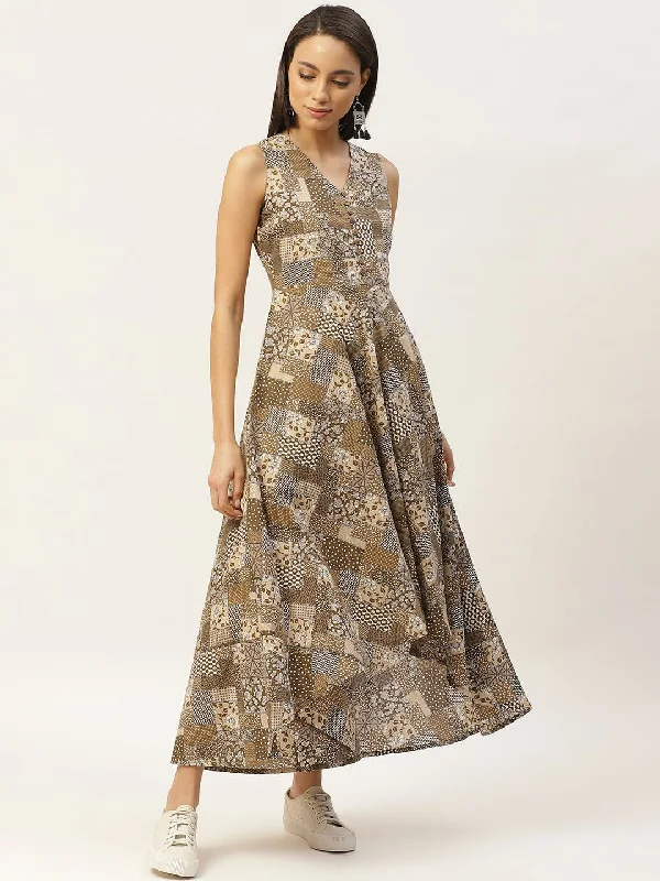 Brown Floral High Low Flared Maxi Dress Fashionable Asymmetrical Maxi Dress