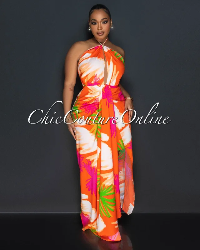 Celian Orange Multi-Color Print Front Slit Maxi Dress Comfortable Plunging Neckline Maxi Dress