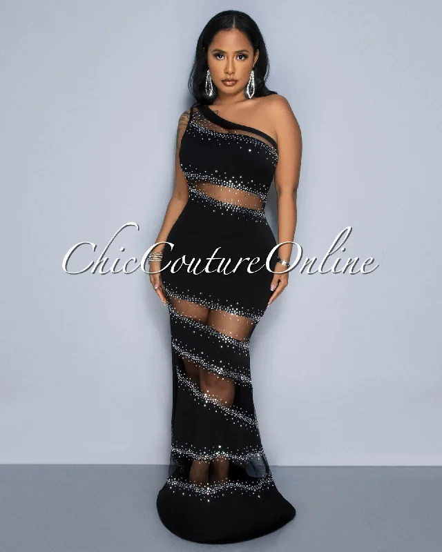 Corine Black Mesh Rhinestones Maxi Dress Fashionable Sheer Maxi Dress