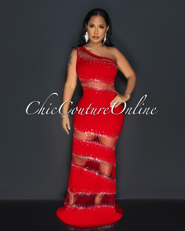 Corine Red Mesh Rhinestones Maxi Dress Elegant Maxi Dress with Slit