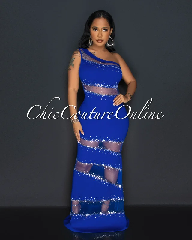 Corine Royal Blue Mesh Rhinestones Maxi Dress Stylish Button-Up Maxi Dress