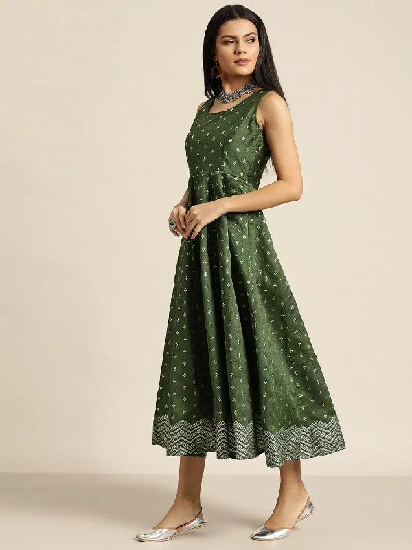 Dark Green Silver Foil Print Anarkali Maxi Dress Trendy A-Line Maxi Dress