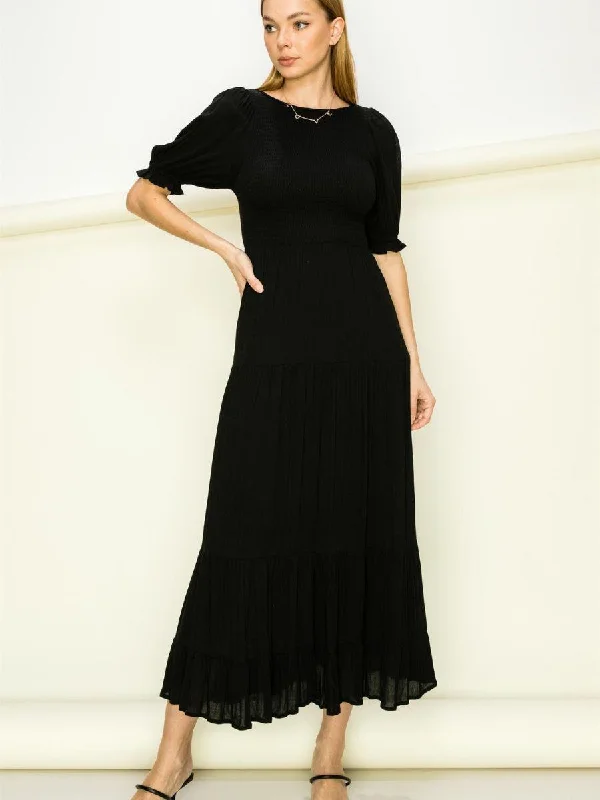 Dreamy Black Smocked Maxi Dress with Short Puffy Sleeves Stylish Boho Maxi Dress