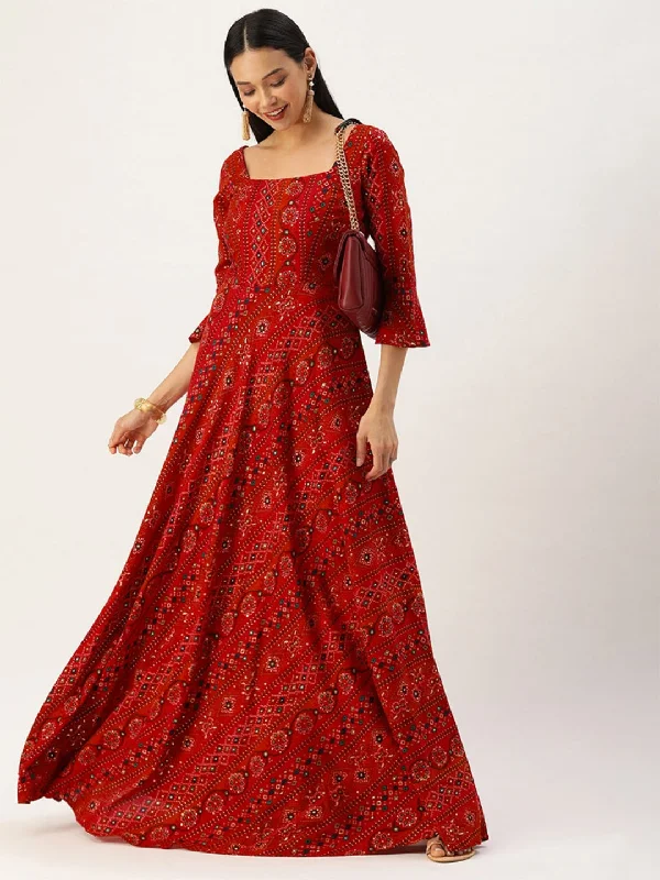 Red Printed Viscose Maxi Dress Stylish A-Line Maxi Dress