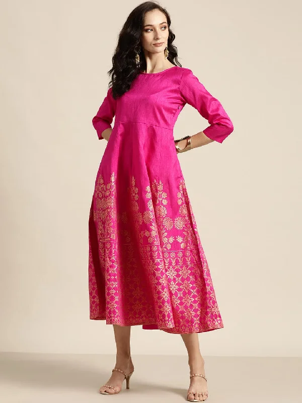 Fuchsia Foil Print Anarkali Maxi Dress Stylish One-Shoulder Maxi Dress