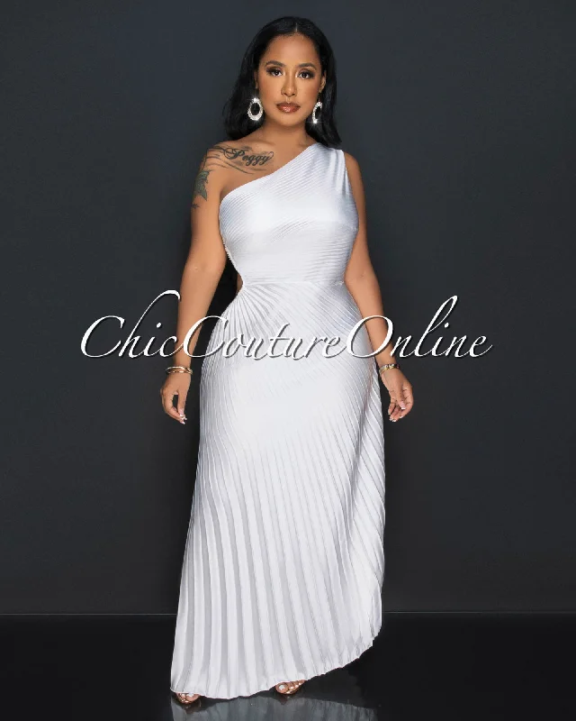 Genevieve Off-White Pleated Single Shoulder Silky Maxi Dress Comfortable Ruffle Hem Maxi Dress