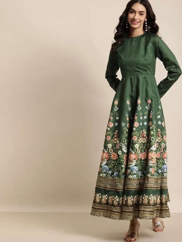 Green Floral Full Sleeves Anarkali Maxi Dress Comfortable Fit-and-Flare Maxi Dress