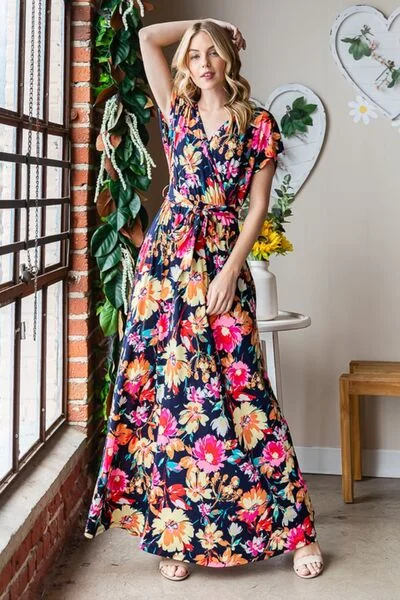 Explore More Collection - Heimish Full Size Floral Surplice Tie Waist Maxi Dress Trendy Floral Print Maxi Dress