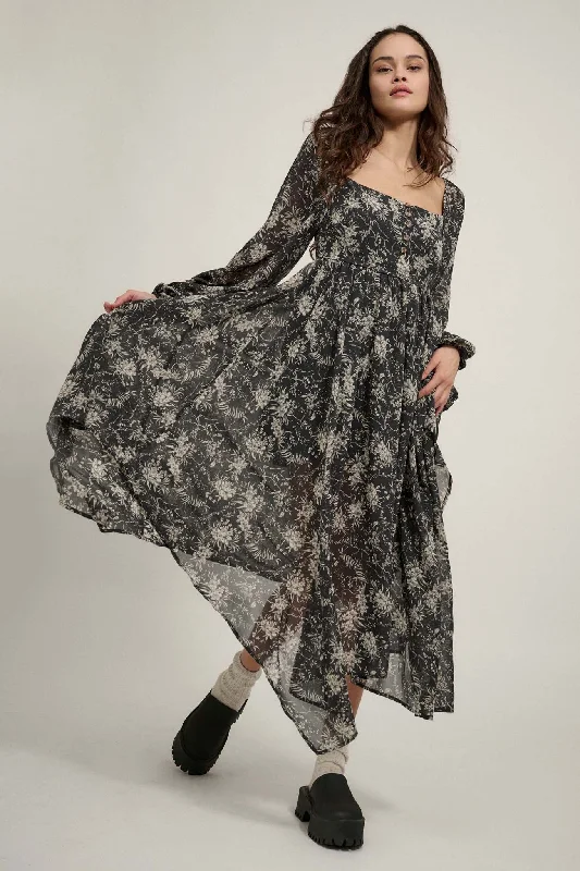 High Spirits Floral Chiffon Handkerchief Maxi Dress Stylish One-Shoulder Maxi Dress