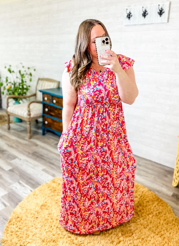 Kaia - Fuchsia Geo-Floral Fit & Flare Maxi Dress with Pockets Elegant Boho Maxi Dress