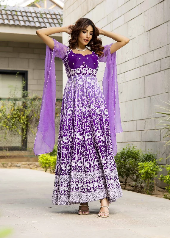 Tashi Purple Georgette Embroidered Maxi Dress Chic Button-Up Maxi Dress