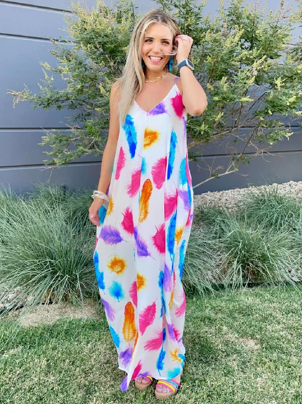 Live in Color Feather Print Maxi Dress with Pockets Trendy V-Neck Maxi Dress