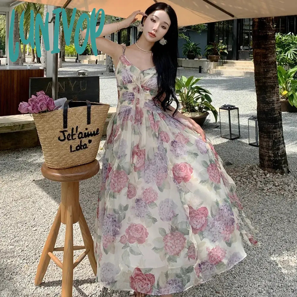 Lunivop 2024 Summer Chiffon Beach Maxi Dress Women Fashion Print Floral Backless Bandage Slip Dress Elegant Evening Party Fairy Dresses Elegant Pleated Maxi Dress