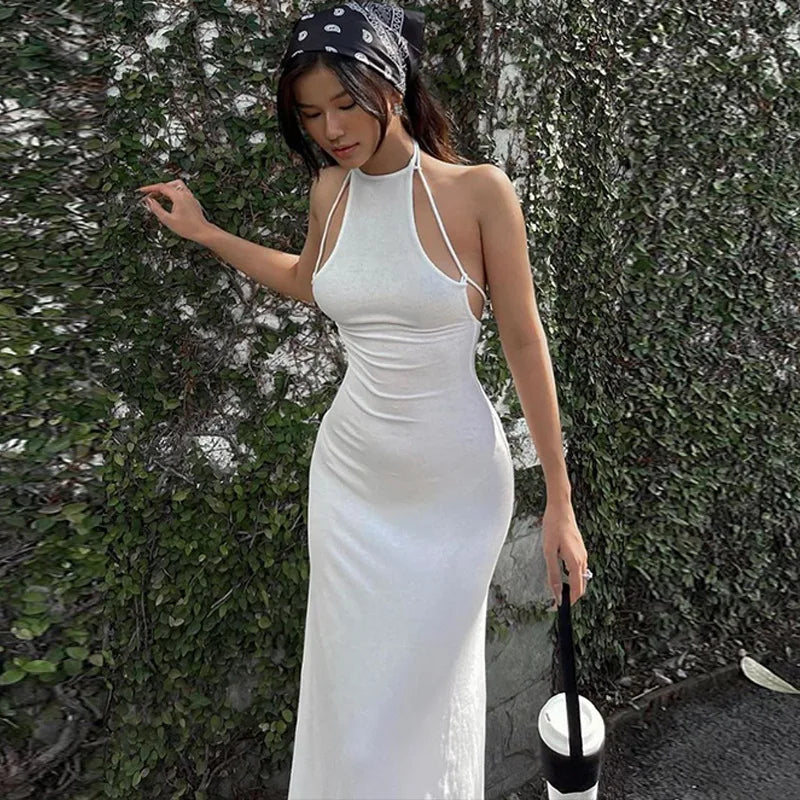 Lunivop Fashion Women Maxi Dress Halter Sexy Backless Strap Elegant Club Party Summer Holiday Outfits Sleeveless Long Prom Dresses Robe Comfortable Fitted Maxi Dress