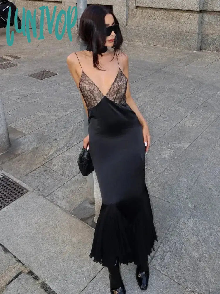 Lunivop Lace Splice Maxi Dresses For Women Sexy Deep V Neck Mesh Slim Dress Woman Temperament Clubwear Party Evening Dress Femme Fashionable High-Waist Maxi Dress