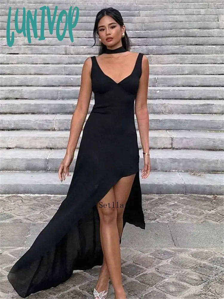 Lunivop Low Cut Straps Backless Split Maxi Dress Women Sexy Elegant Sleeveless Evening Party Long Dresses Club Outfits Summer Dress Chic Sleeveless Maxi Dress