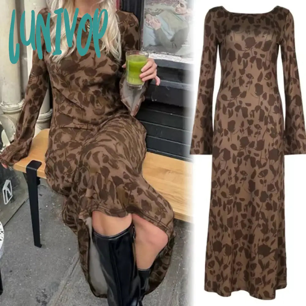 Lunivop New Vintage Floral Print Long Dress Women Y2K Bodycon Maxi Dresses Casual Chic Elegant Flared Long Sleeve Evening Party Dresses Comfortable Long-Sleeve Maxi Dress