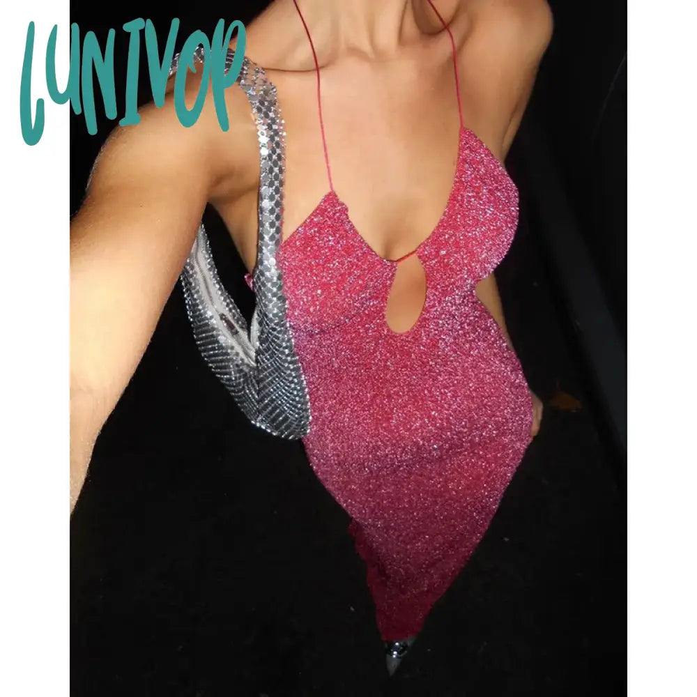 Lunivop Pink Sequined Halter Prom Maxi Dress Evening Party  Hollow Out Glitter Beaded Tie-back Slit Long Dress Sexy Wedding Guest Cozy Spaghetti Strap Maxi Dress