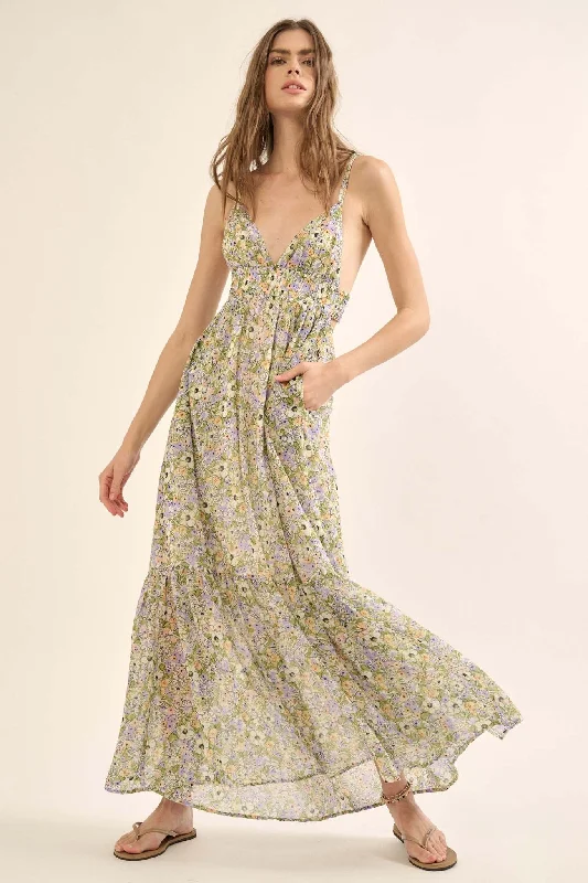 Magical Meadow Floral Chiffon Open-Back Maxi Dress Elegant Boho Maxi Dress