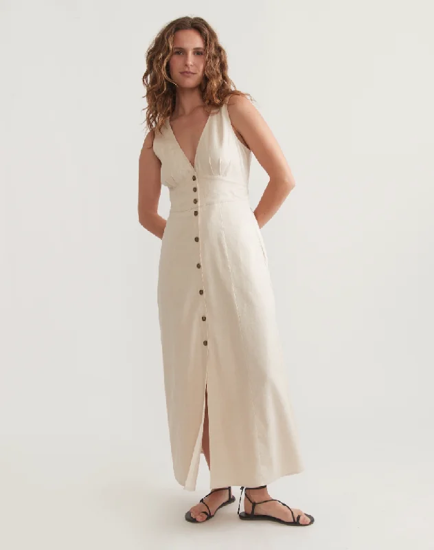 Marine Layer Camila Maxi Dress - Antique White Comfortable Pleated Maxi Dress