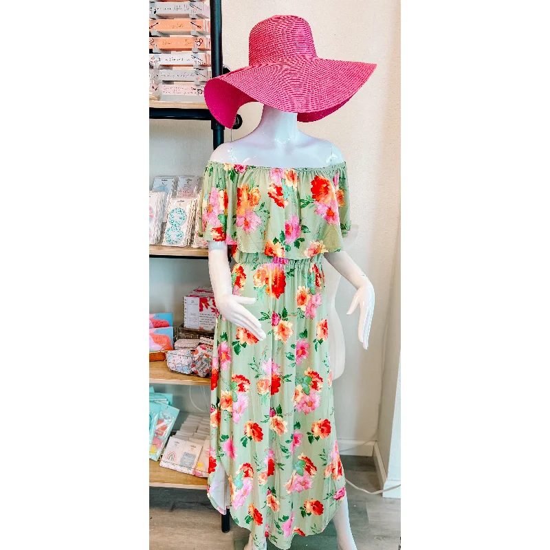 Mint Coral Floral Ruffle On/Off Shoulder Maxi Dress Fashionable Button-Down Maxi Dress