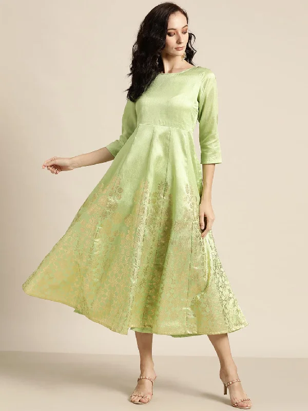 Mint Green Foil Print Anarkali Maxi Dress Trendy Fit-and-Flare Maxi Dress