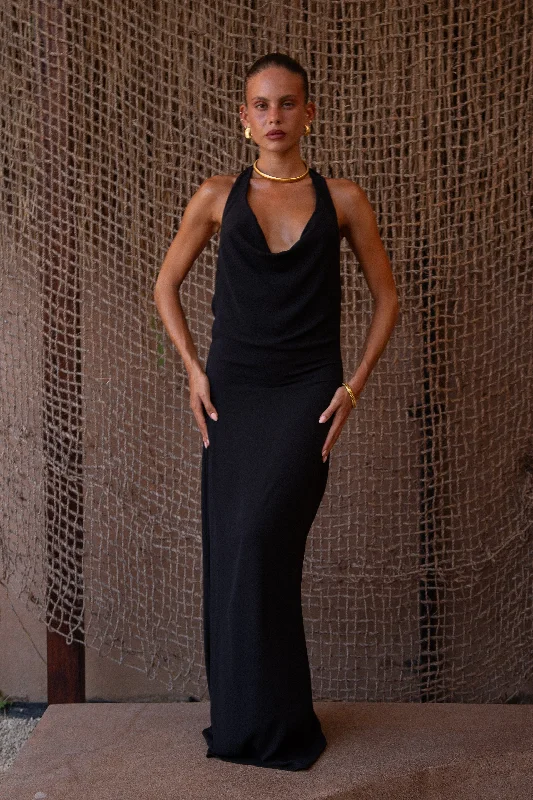 Misha Cowl Neck Maxi Dress Black Comfortable Maxi Dress with Slits