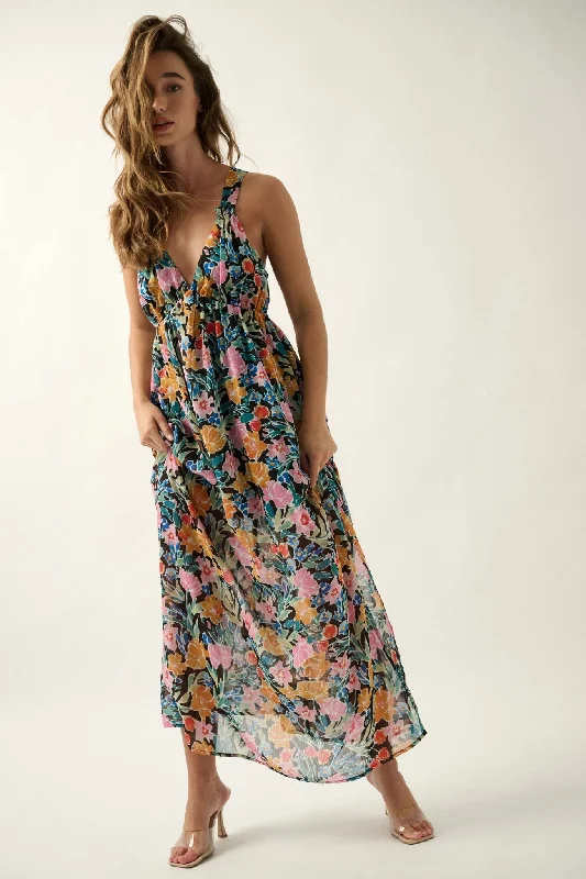 Montego Morning Floral Chiffon Open-Back Maxi Dress Fashionable Open-Back Maxi Dress